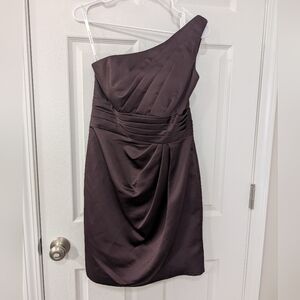 David's Bridal Size 6, One Shoulder Satin Dress W/ Pleated Bodice, Truffle/Brown